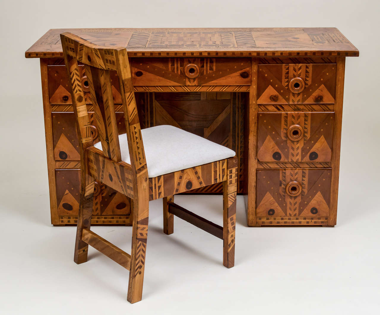 American Folk Art Marquetry Furniture, Suite of Five Pieces For Sale 1